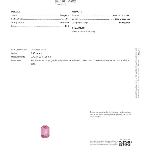 Emerald Natural Mined Loose Sapphire (1.48 Ct Pink Vs2) Gia C53000100 - Picture 5 of 6